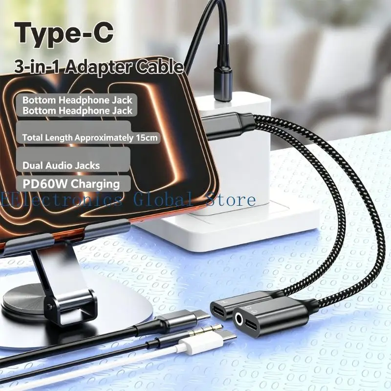 462B Highly Speed 60W Power Delivery Cable USB C to 3.5Mm Music Headphone Adapter For Simultaneous Mobile Devices Use