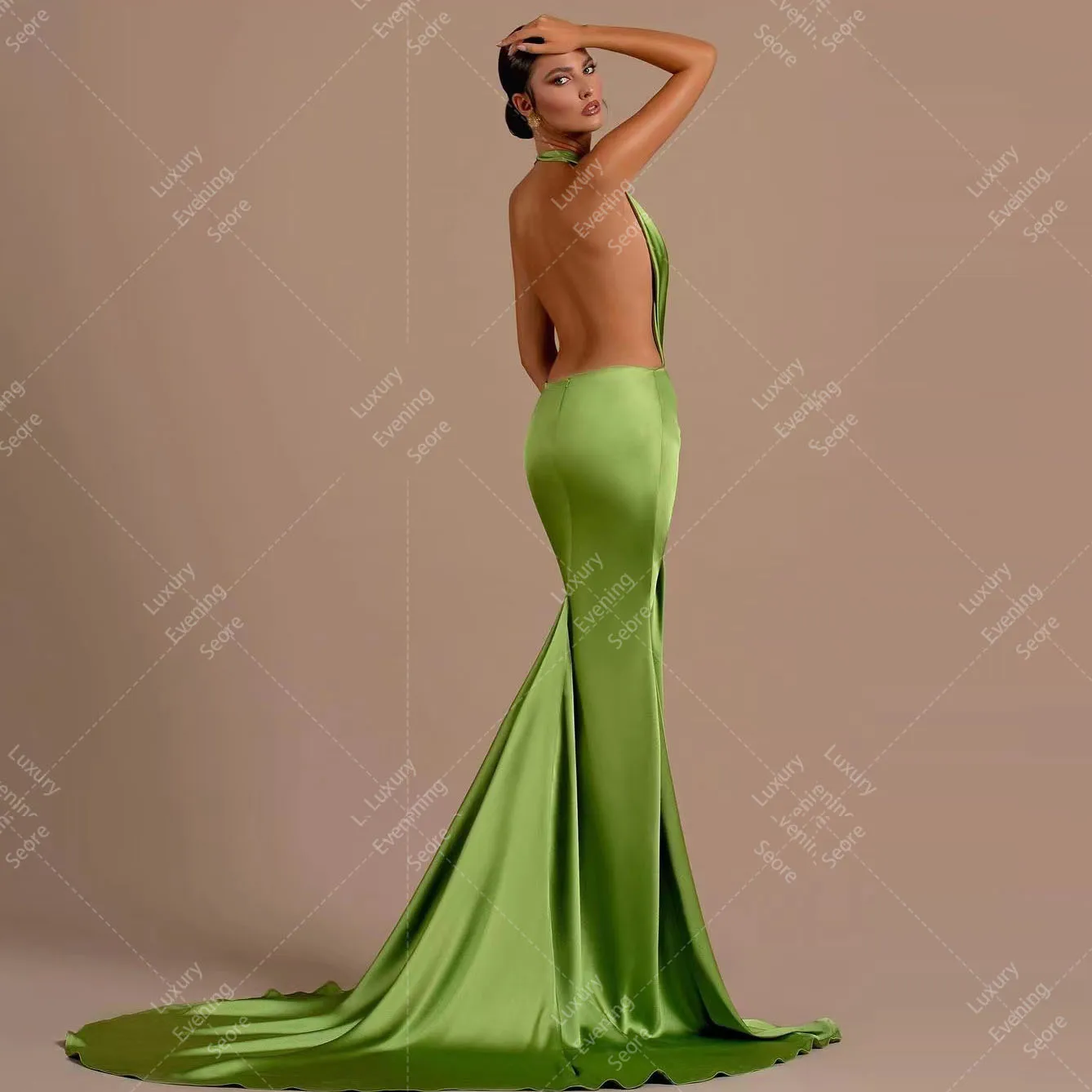 Modern Light Green Evening Dresses Woman's Mermaid Deep V Neck Backless Satin Formal Celebrity Fashion Elegant Party Prom Gowns