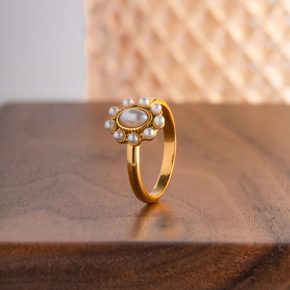 Uworld Sunflower White Pearl Inlaid Ring 18K Gold Plated Color Stainless Steel Waterproof Elegant Jewelry Valentine\'s Day Gift