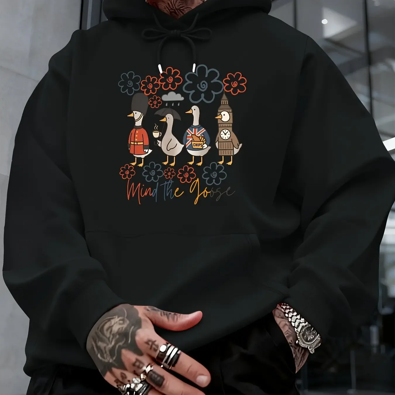 Men's UK Retro Hoodie Goose Big Ben Cartoon Floral Graphic Front Print Oversized Pullover Sweatshirt British Streetwear