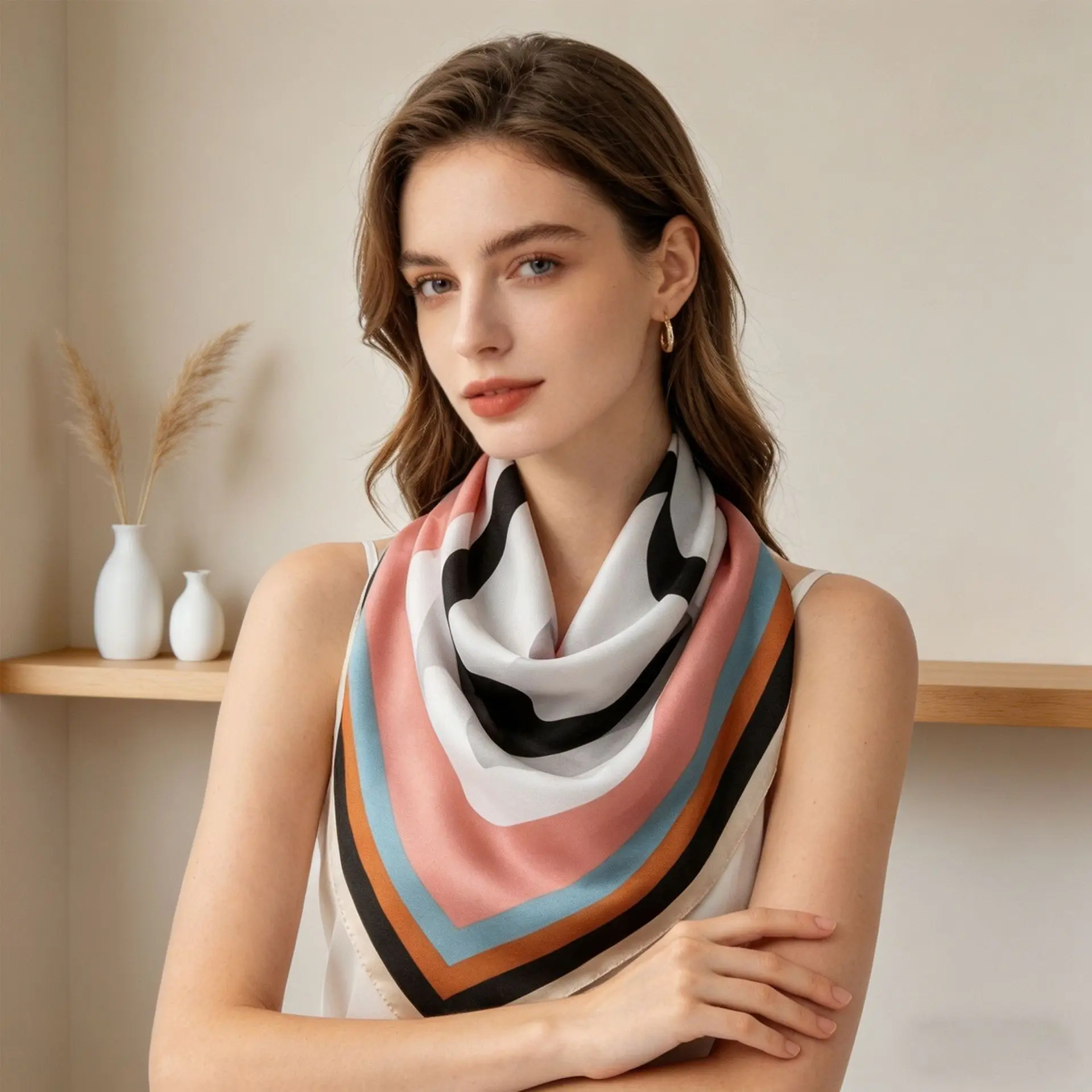 Simple and Fashionable Simulated Silk Scarf Korean Version Niche Commuting Shawl Casual Versatile Scarf Small Square Scarf