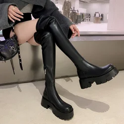 Autumn Winter Stretch Over The Knee Boots Women Fashion Round Toe Square Platform Thick Heels Long Booties