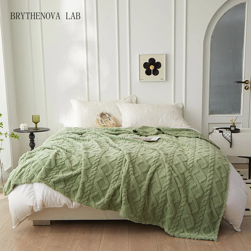 Winters Two Sided Thickened Taffu lamb Wool Blanket sage green Simple Monolayer Warm Flannel Blanket for Sofa Bed Cover