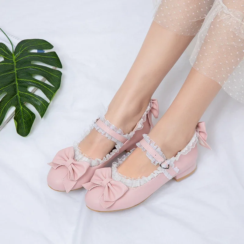 Women Sweet Lolita Mary Jane Shoes Rockabilly Flats Lace Pumps with Bow Maid Princess Night Club Cosplay Party Footwear
