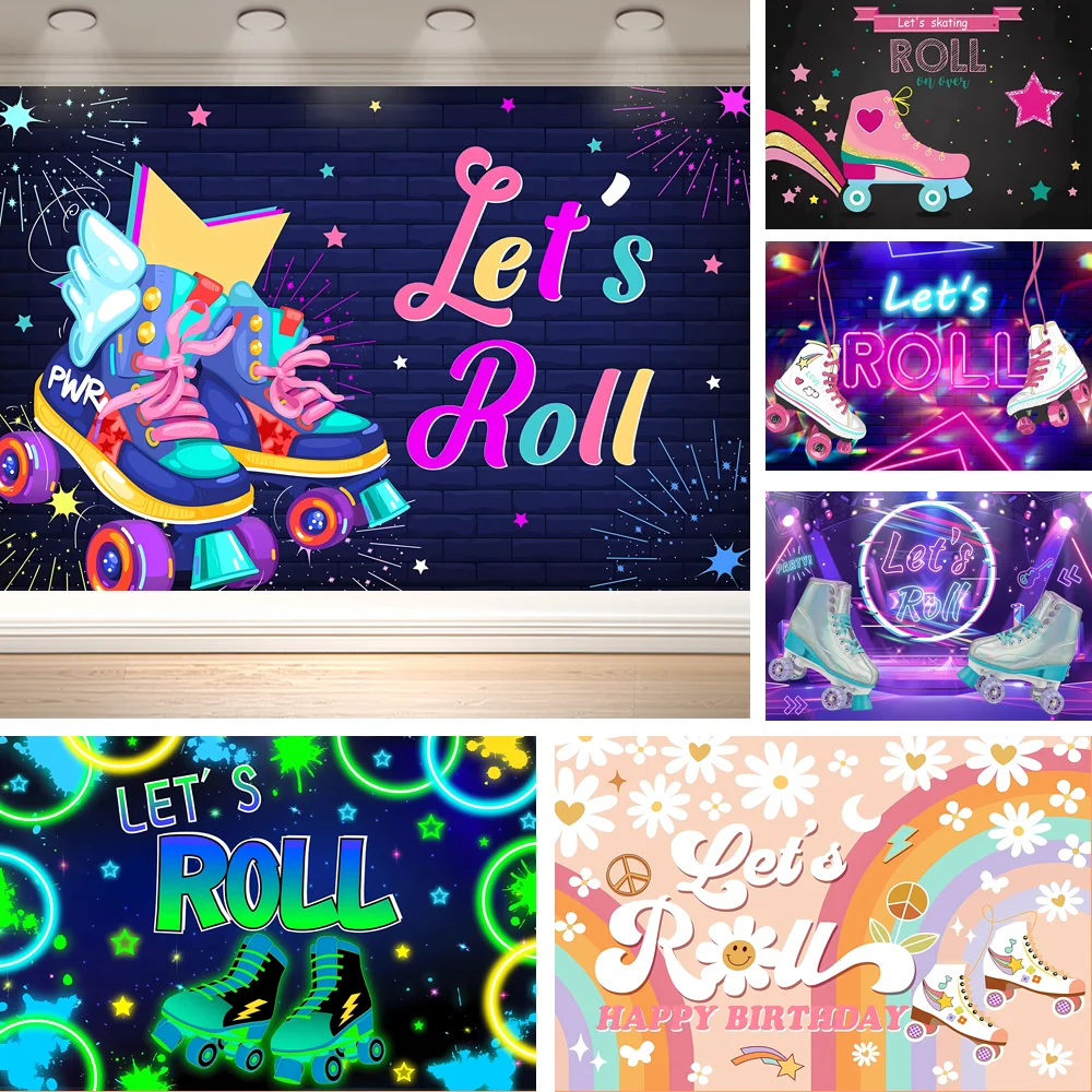 Dewprint Let's Roll Roller Skate Birthday Backdrop Neon Brick Wall Colorful Skate Star Retro Disco Party Banner Decor Supplies