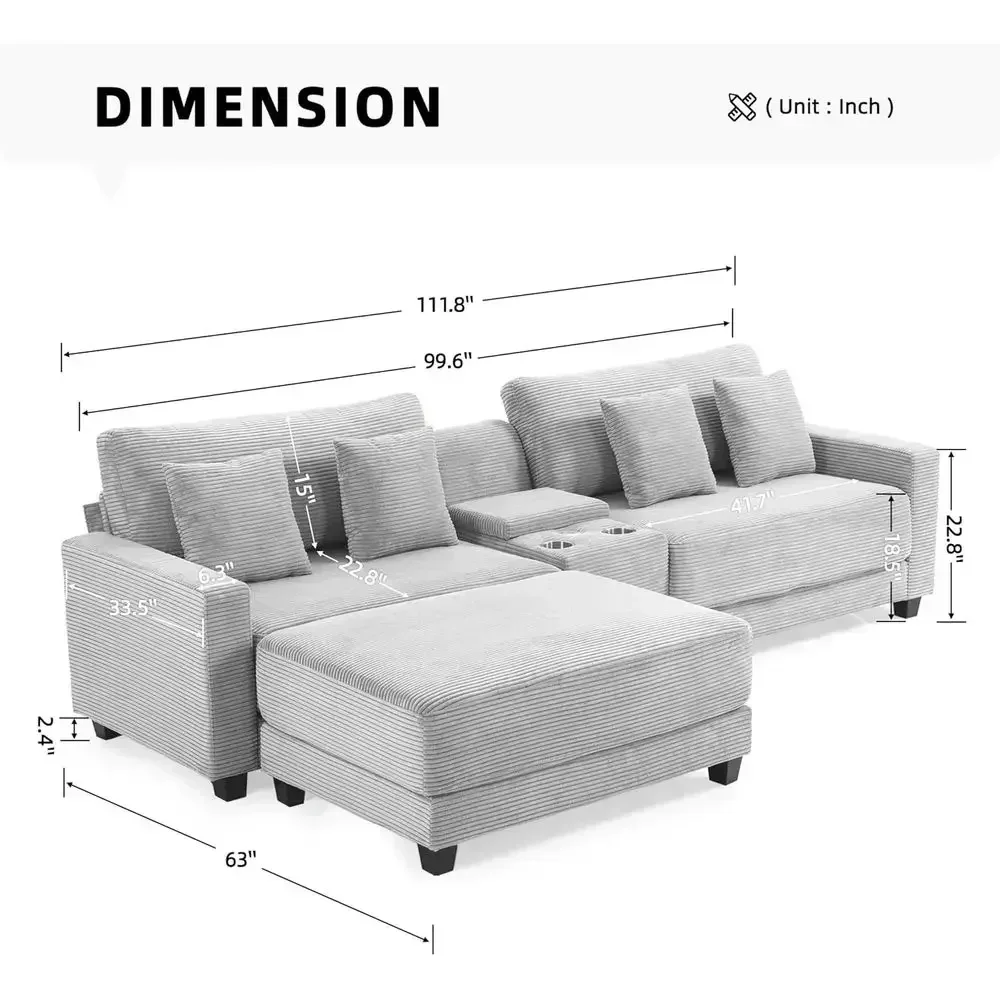 Gray 4-Seater L-Shaped Sofa with Ottoman, Storage Box, USB & Type C Ports, Cup Holders for Living Room