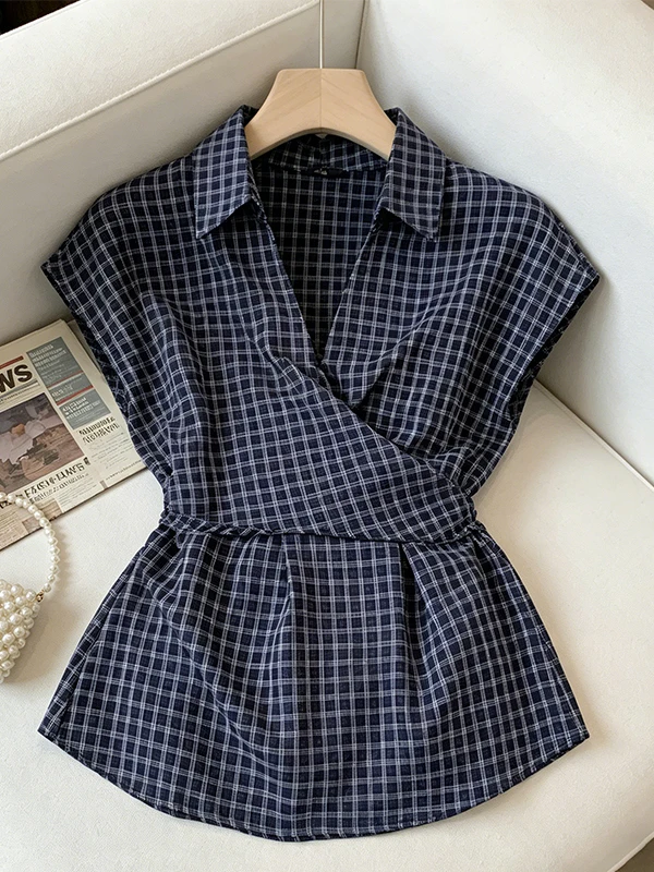 

plus Size Summer Plaid Shirt Casual Short Sleeve Belted Slimming Concealing Korean Style Commute Breathable Skin-Friendly