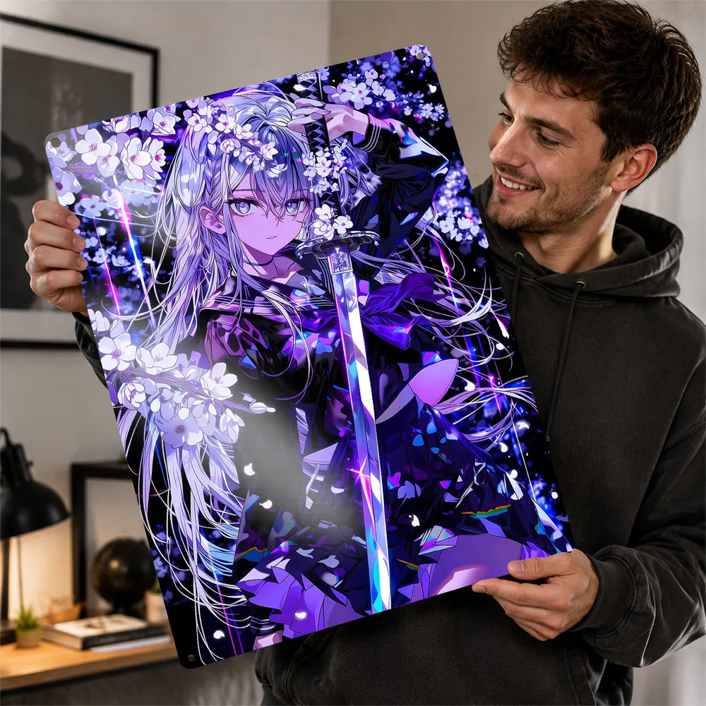 Anime Girl With Sword and Cherry Blossoms Personalized 3D Textured Metal Poster Wall Art Vintage Tin Signs for Decor Room Home