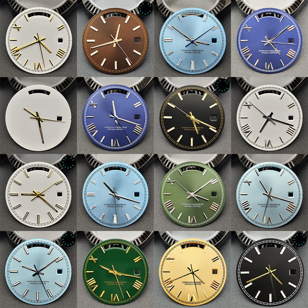 31-mm-Zifferblatt passend für M8285 Uhrwerk, Zifferblatt und Zeiger, 31-mm-Doppelkalender-Zifferblatt, blau-grün leuchtendes Uhren-Ersatzzubehör
