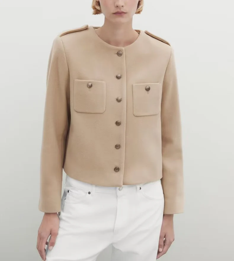 Casual Miniature Fragrance Style Jacket Top Button Decor Short Version round Neck Outerwear Polyester Fiber 100% Regular Length