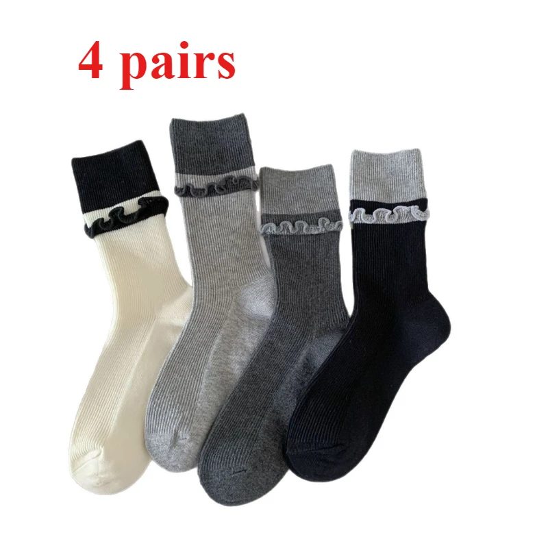 

4 Pairs Women Mid To Small Leg Socks Knee High Socks Fashionable Korean Version Simple Spring Autumn Solid Color Stacking Sock