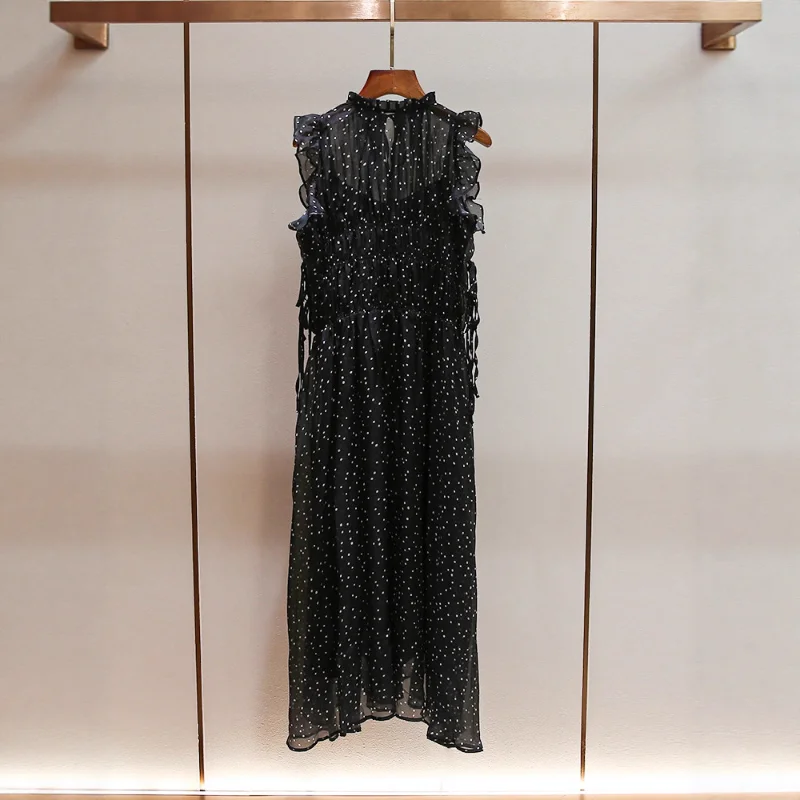 French O Neck Lotus Leaf Sleeve Lace-up Polka-dot Chiffon Dress Women2 Romantic Sweet Holiday Style Sleeveless Long Dress
