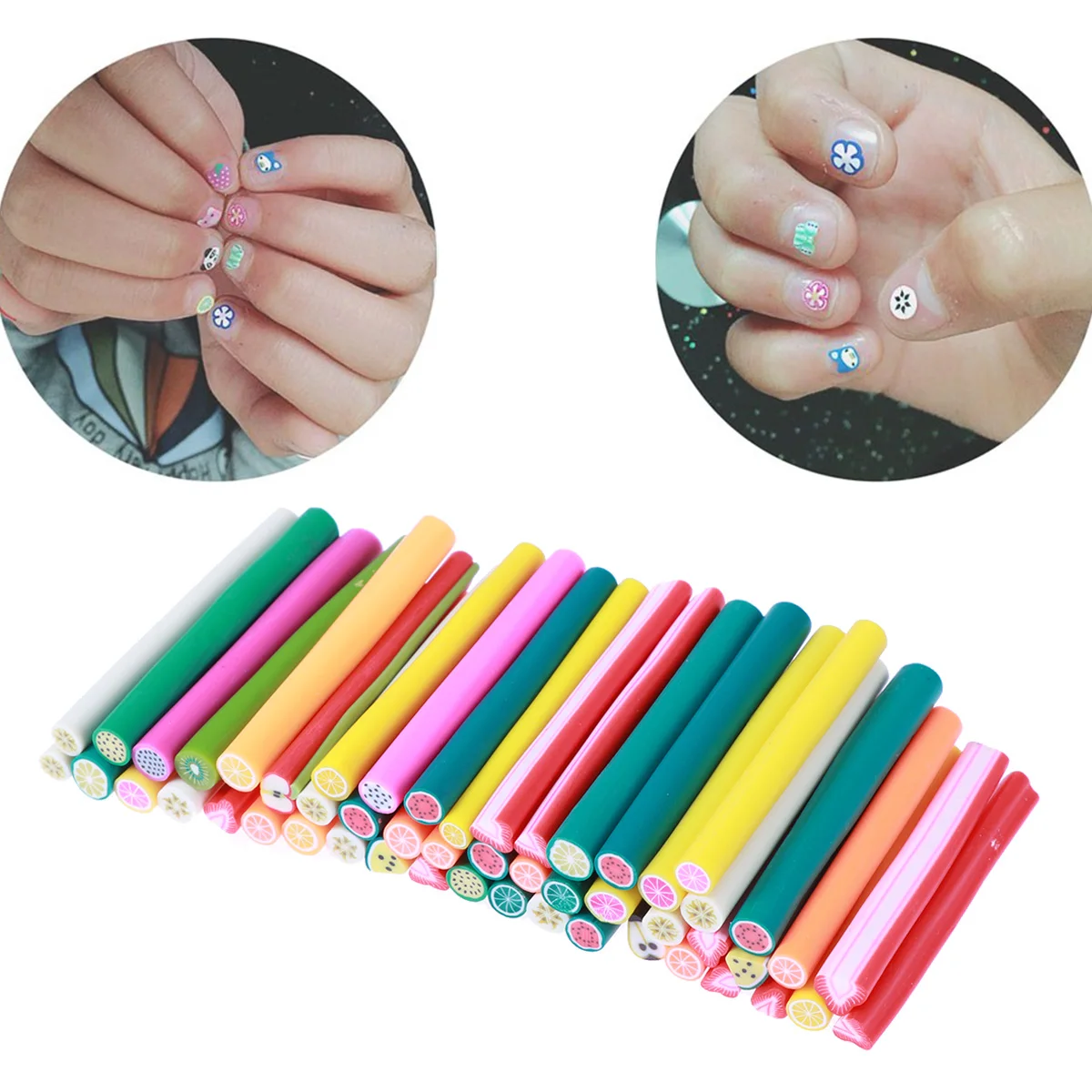 

50pcs Polymer Clay Sticks Soft Ceramic Rods Bright Colors 3D Fruit Designs Nail Art Decorations DIY Crafts Accessories