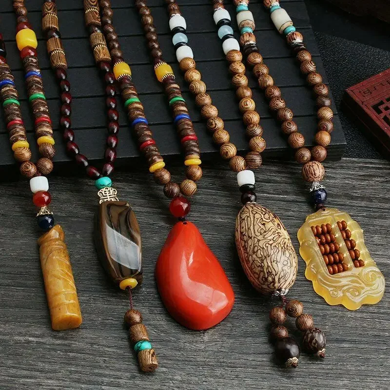 Vintage Buddhist Rosary Beads Necklace Bohemian Long Sweater Chain Handmade Wood Beaded Necklaces for Women Men Souvenir Gifts