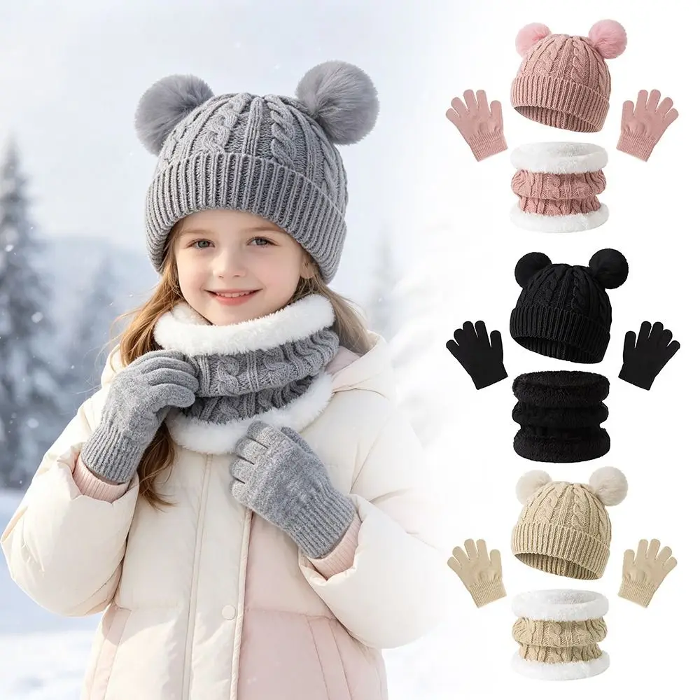 3Pcs/Set Fashion Winter Children Scarf Hat Gloves Set Warm Knitted Hats Scarfs Pompom Windproof Bonnet Gloves Kits