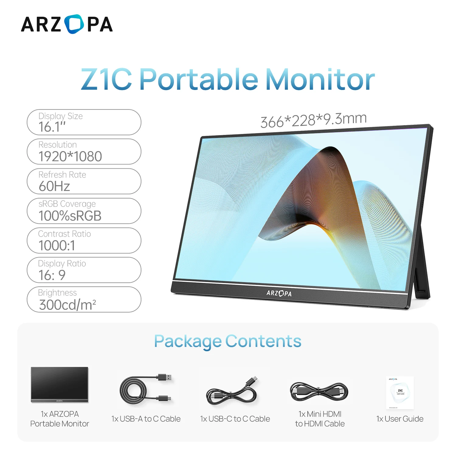 ARZOPA 16,1 '' 100% sRGB 1080P FHD draagbare monitor IPS-scherm Tweede monitor Extern beeldscherm Z1C