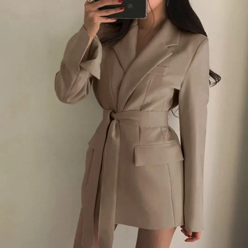 2023 Women Long Outwear Jacket Sashes Fall OL Korean New Fashion Solid Blazers British Style Elegant Blazer Coat women clothing