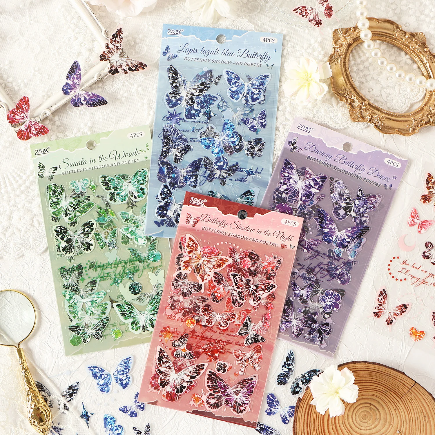 

JIANQI 4 Pcs Creative Butterfly theme Stickers Pack hand tent DIY Stick Labels Scrapbooking Material Junk Journal Supplies