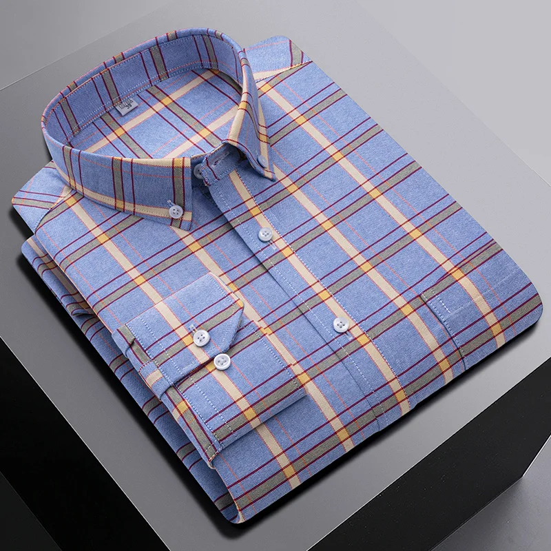 100%Pure Cotton Men Shirt  Long-Sleeve Shirts Pocket Slim Fit Casual Oxford Plain Shirt Soft Plaid Striped Men's Clothes S-6XL