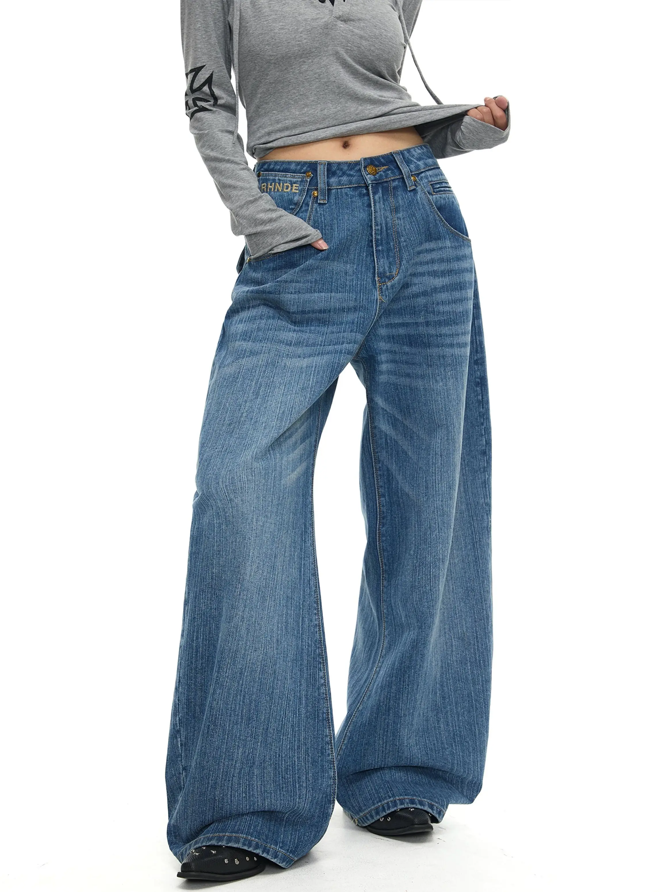 

Y2K Retro Jeans Bamboo Design Loose Washed Curved Knife Versatile Pants for American Men and Women
