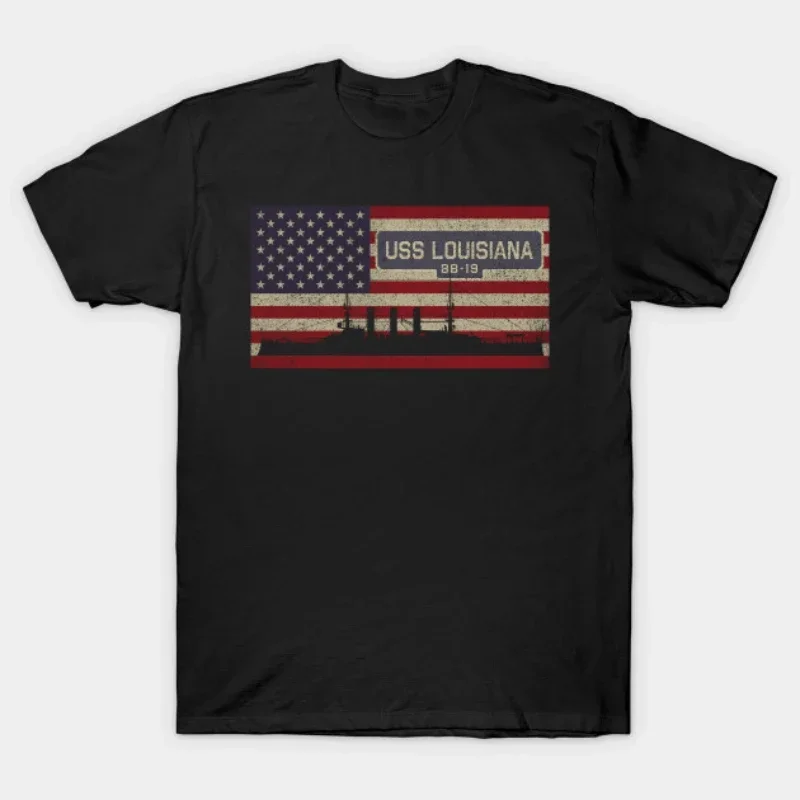 Vintage America Flag USS Louisiana BB-19 Battleship T Shirt. New 100% Cotton Short Sleeve O-Neck T-shirt Casual Mens Top