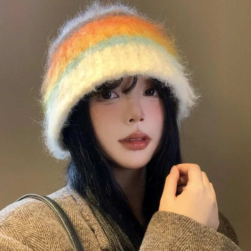 Neue Farbverlauf Wolle Vintage Farbe Streifen Mützen Frauen Handgemachte Häkeln Beanie Dicke Warme Gestrickte Hut Winter Eimer Hut