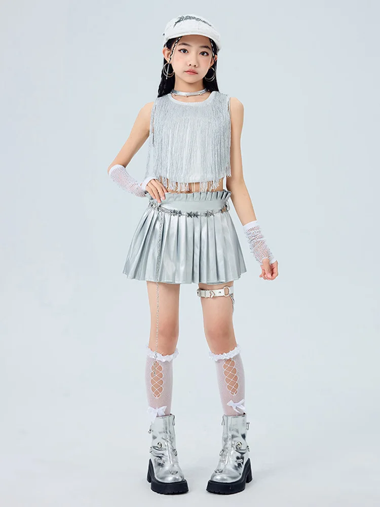 Mädchen K-pop Sets Weiß Quasten Crop Top Street Dance Kinder Hip Hop Jazz Silber Röcke Kleidung Kinder Streetwear kostüm