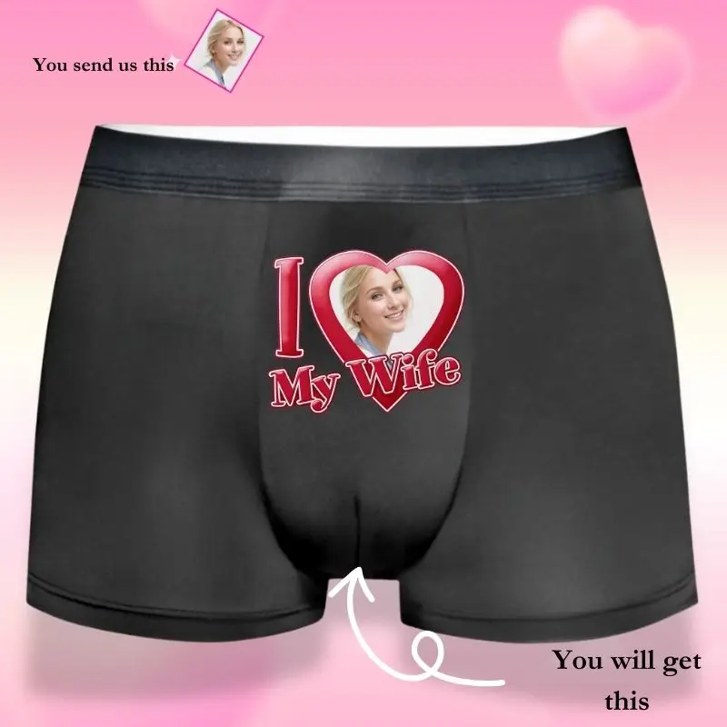 

1pc Men's Custom Photo Boxer Briefs - "I ❤️ My Wife" Heart Frame Personalized Romantic Gift Soft Casual Daily Men Underwear