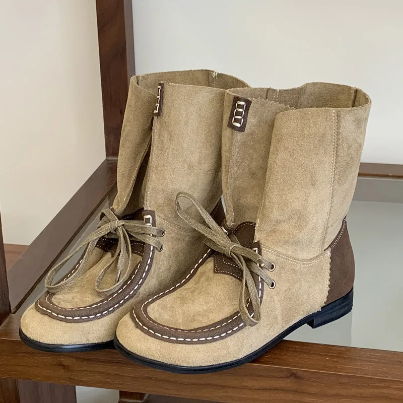 Winter Street Style Vintage Pleated Women Ankle Boots Color Blocking Lace Up Round Toe Riding Western Short Boots Mujer