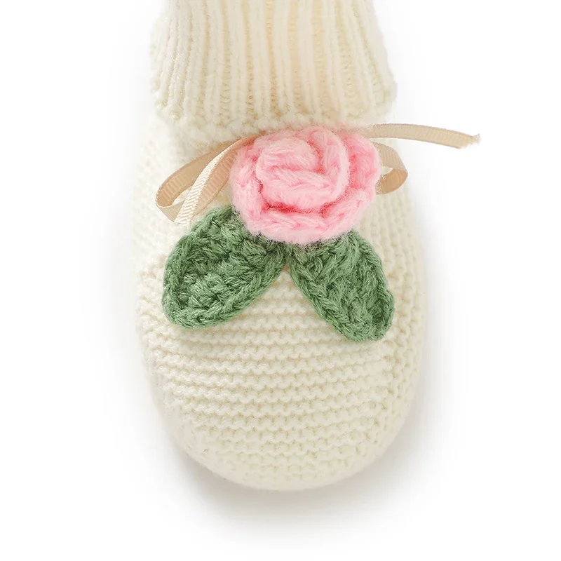 Baby Shoes Knit Toddler Slip-On Solid Bed Shoes Handmade 0-18M Footwear Newborn Girls Boots Fashion Floral Bow Warm Infant Socks