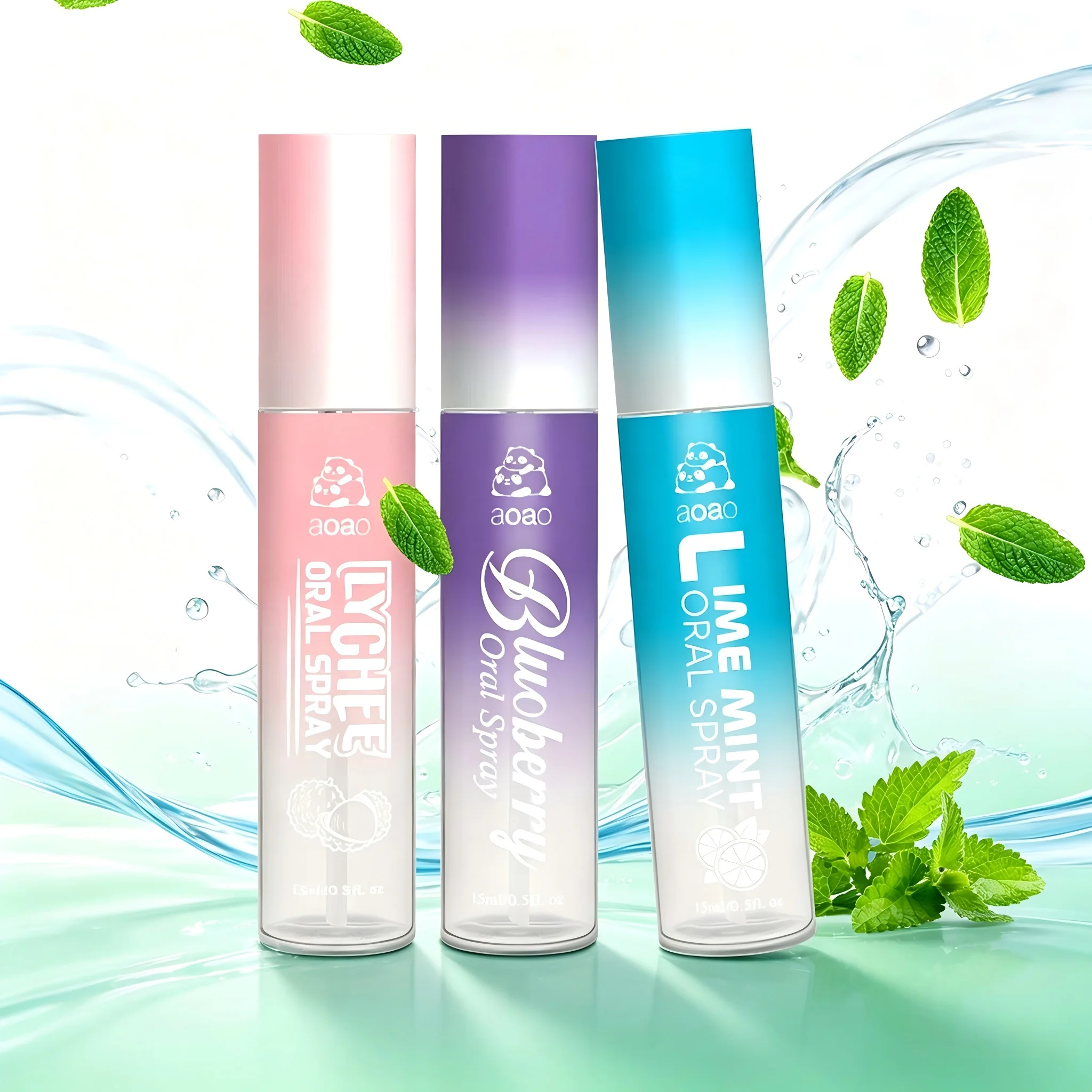 3 Pcs Portable Mouth Spray Set, Lychee Blueberry Mint Flavor, Breath Refreshing Spray for Oral Odor, Long‑lasting Fragrance 15ml Each