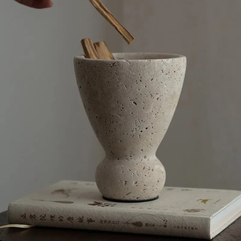 Wabi Sabi Style Natural Yellow Cave Stone Flower Wood Incense Rack Decoration Palo Santo Burner, Aromatherapy Crystal Container