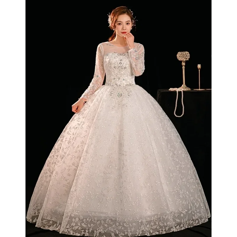 

Cheap Wedding Dress White Beads Appliques Full Sleeves O-neck Lace up Princess Floor Length Plus sizw Bride Ball Gown XN170