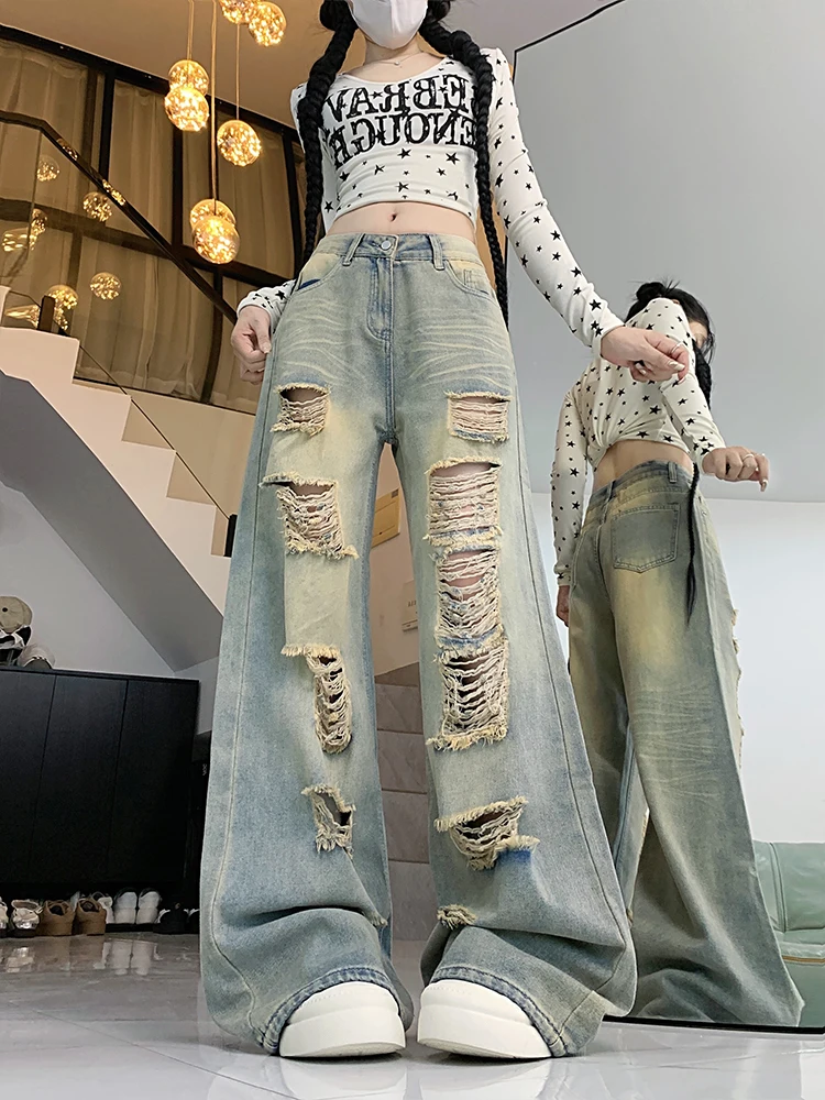 

American High Street Women's High Waist Cuffed Denim Jeans Spring Autumn New Sle Super ular Waed out Wide Leg Pants
