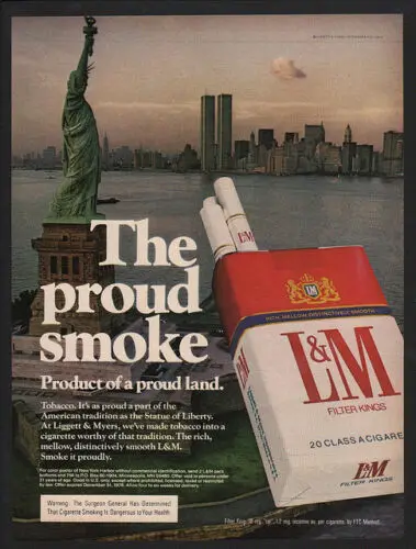 1n,1976 WORLD TRADE CENTER TWIN TOWERS  STATUE OF LIBERTY LM Cigarette VINTAGE AD-Tin Sign
