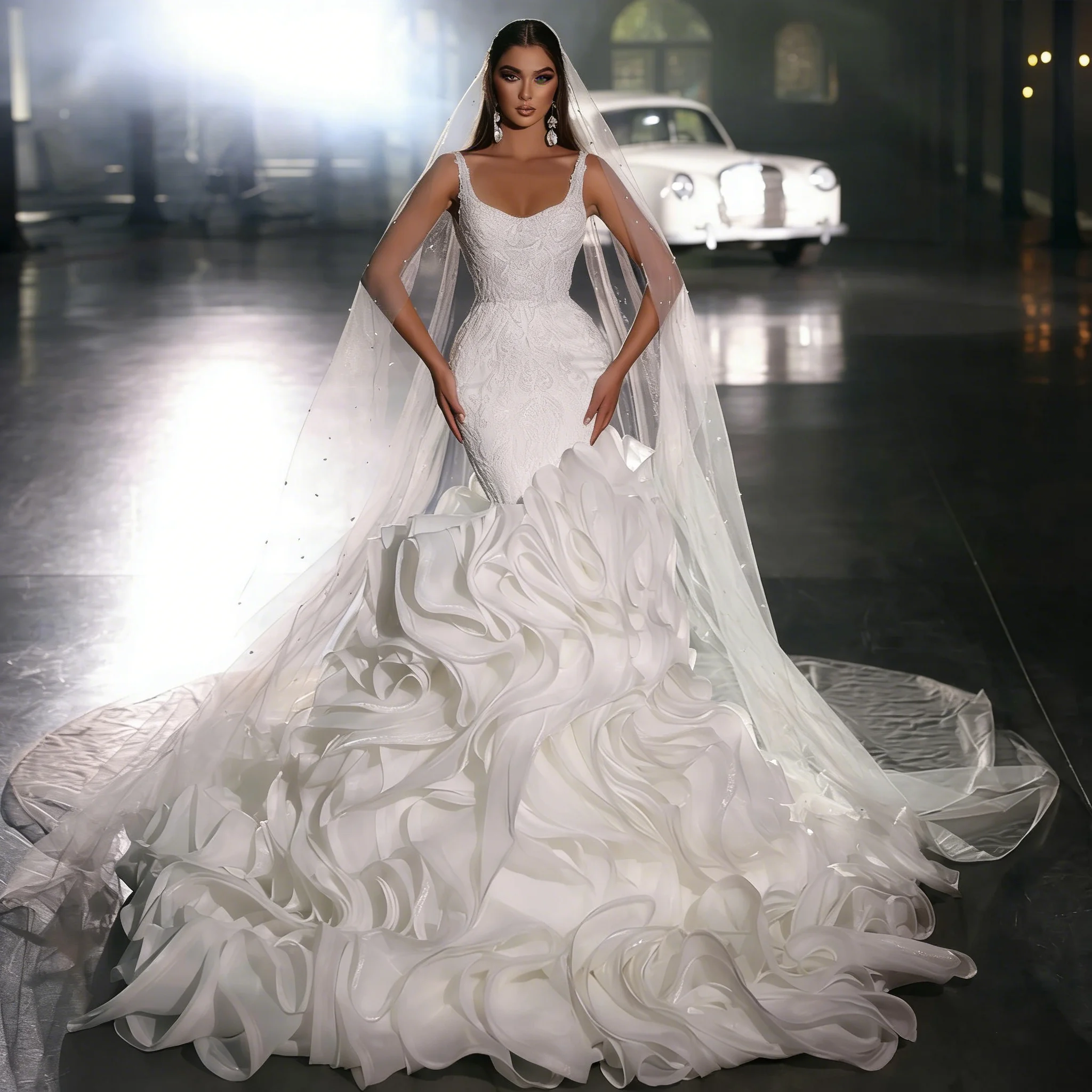Customized Layered Pleat Bridal Ball Dress Pearl Lace Mermaid Wedding Dress Luxury Spaghetti Sleeveless Strap Bridal Dress