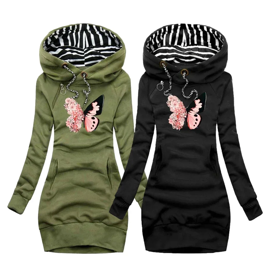 

Spring Autumn Fashion Colorful Butterfly Printed Women's Hooded Sweatshirt Dress Fashion Casual Female Hoodies Dress