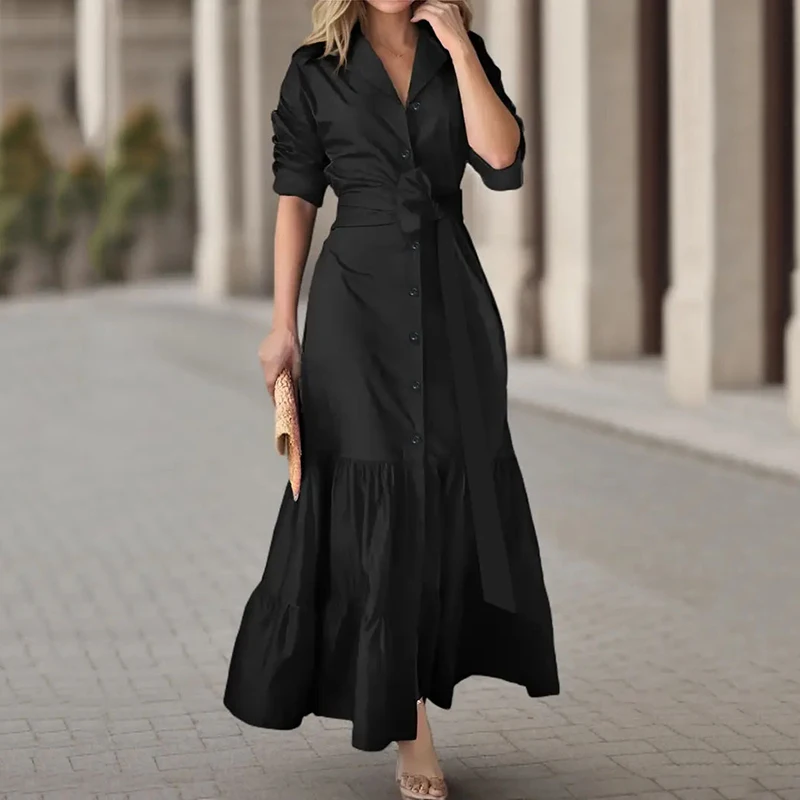 봄 여름 신상 여성용 롱 솔리드 컬러 셔츠 드레스 다용도 우아한 브이넥 레이스업 허리 조임 단추형 드레스