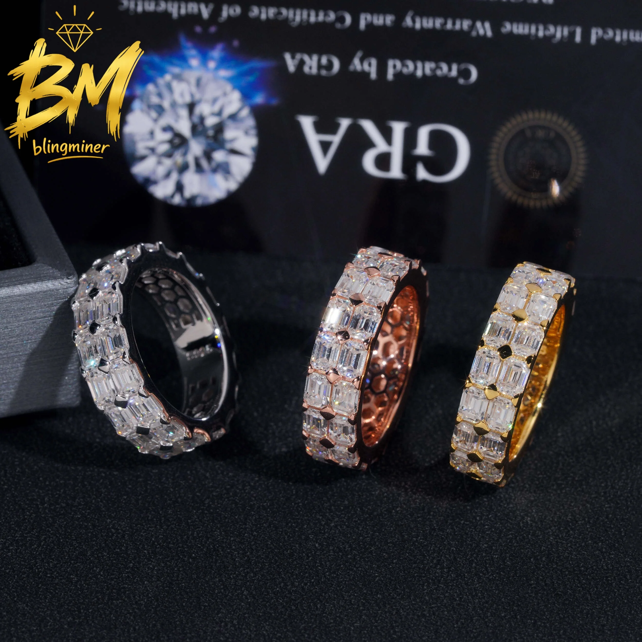 Blingminer Emerald Cut VVS Moissanite Rings For Men Women S925 Silver Finger Jewelry Pass Diamonds Tester GRA Free Shipping