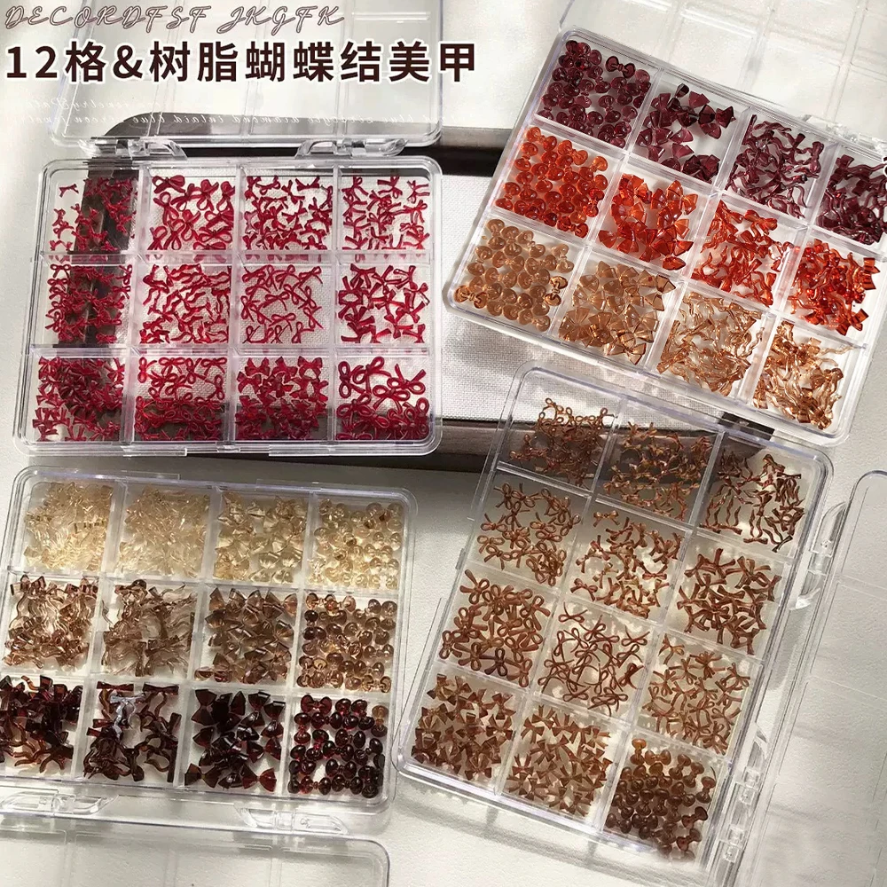 

12Grids/box Mini Bowknot 3D Resin Nail Charms Red/Brown/Wine Mixed Ribbon Bows Nail Art Accessories DIY Crafts Nail Supplies Dec