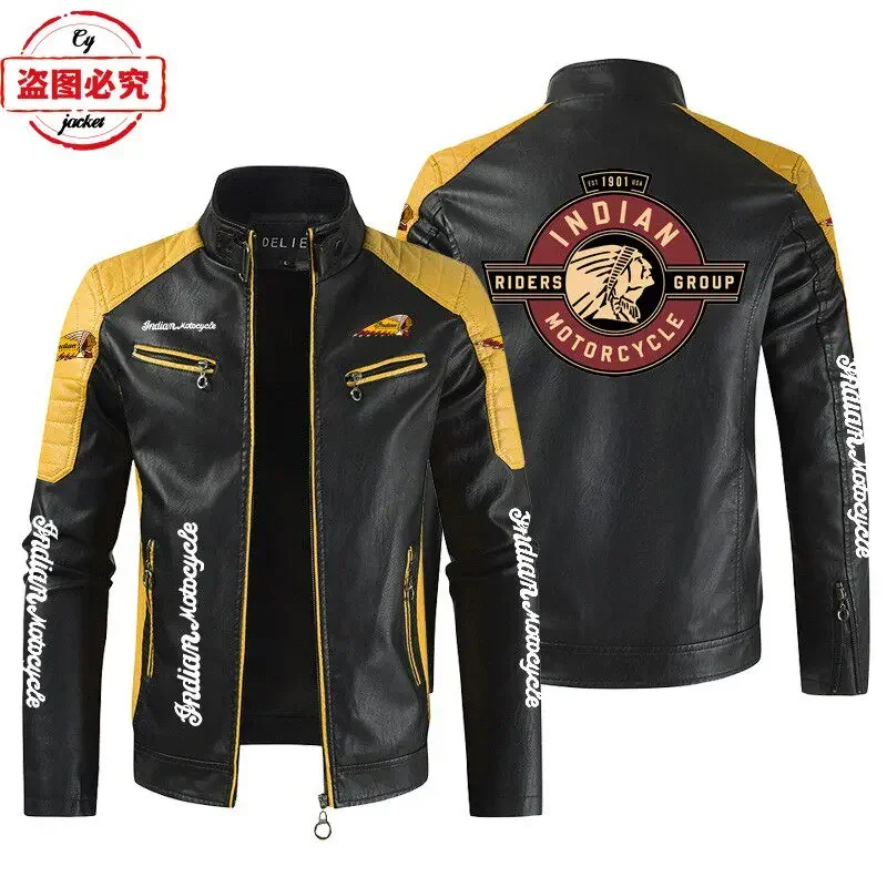 European Size Motorcycle Logo Printed Racing Suit, Retro Washed PU Leather Jacket,four Season Men's Standing Collar Cycling Suit