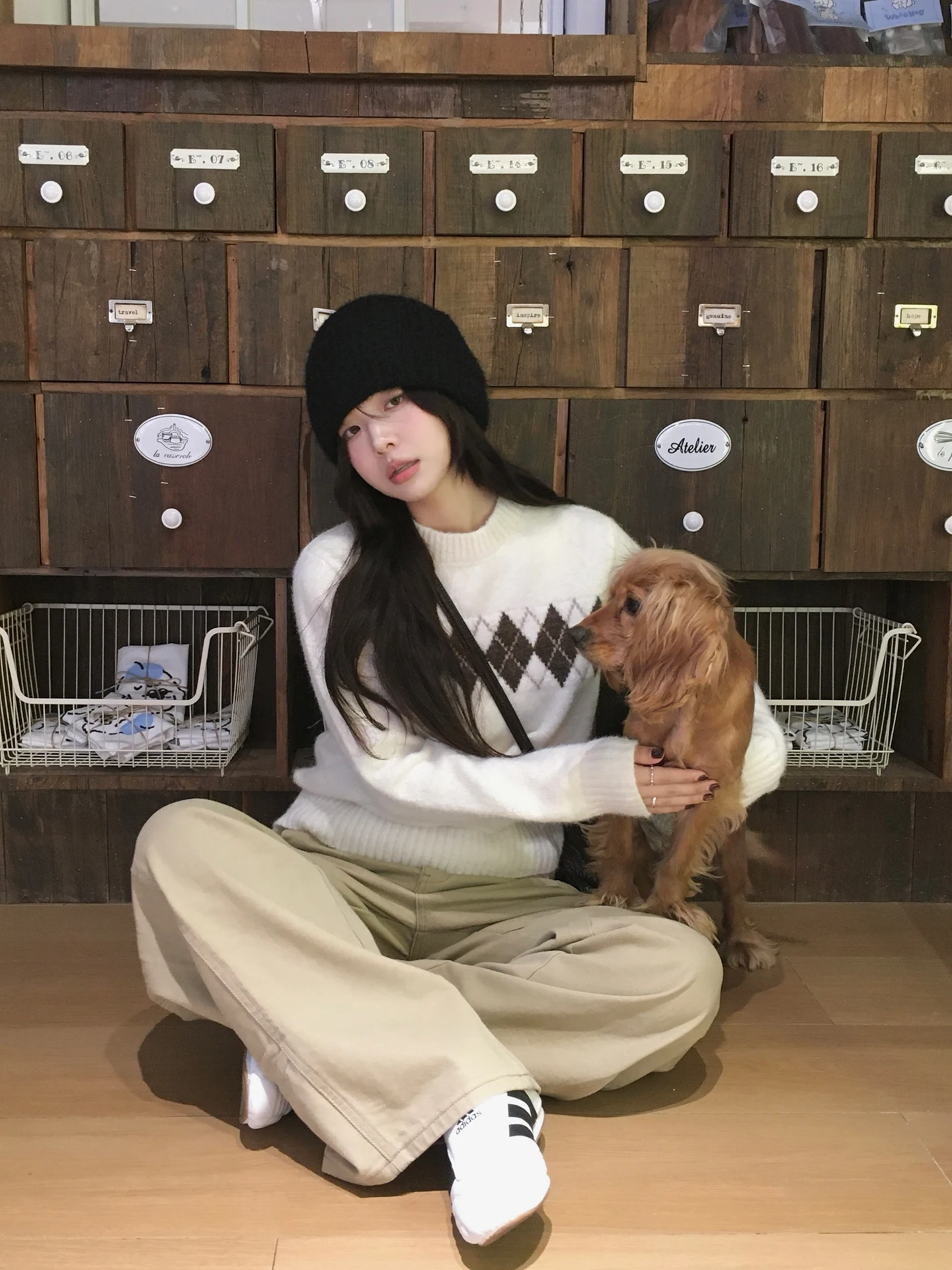 

OOOINKK Korean SleNarrative Pattern Wool Blend Fce round Ne Quilted Sweater Women's Long Sve Thiened Loose Fit