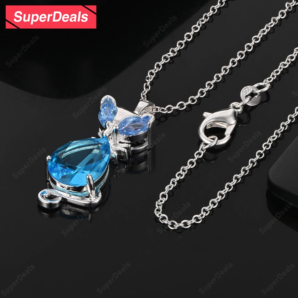 

SuperDeals 925 Sterling Silver Blue Zircon Cat Pendant Necklace High-Quality Fashion Jewelry Charm Wedding Party Gift