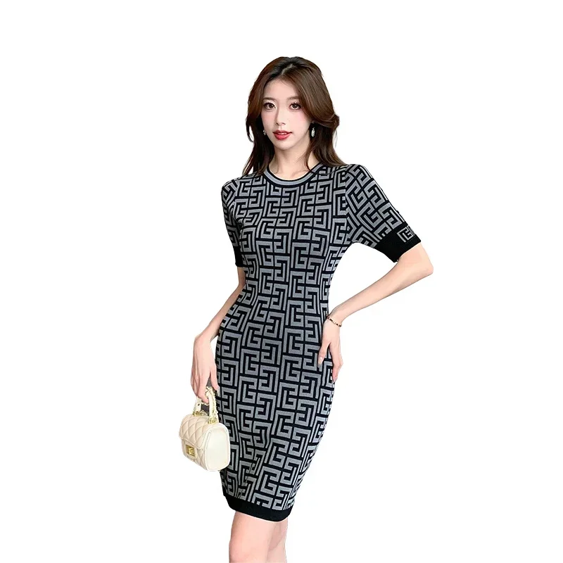 YUQI Sexy Elegant Midi Dress for Women Jacquard Summer Short Sleeve Patchwork Office Ladies Knitted Slim Dresses Plaid Vestido