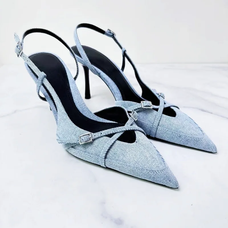 Frau Blau Bogen Knoten High Heels Sexy Spitz Slingback Pumps Heels Sandalen 2024 Sommer Neue Elegante Party Weibliche Sandalen