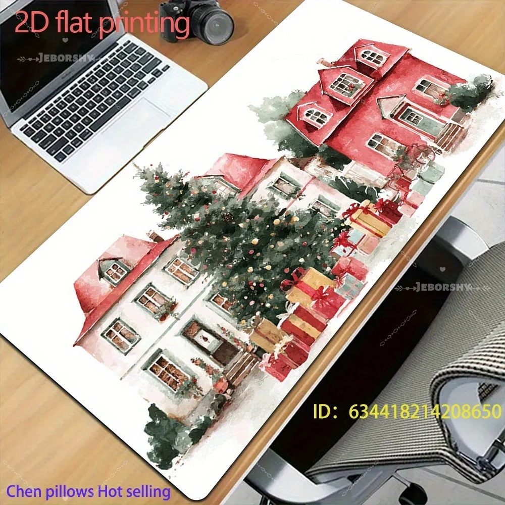 

Christmas Watercolor Town Print Large Mouse Pad Festive House & Tree Desk Mat