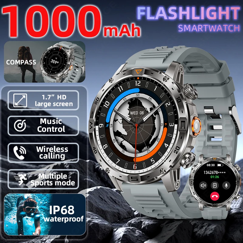 

LIGE военные умные часы для мужчин, 1000 мАч, большой аккумулятор, светодиодный фонарик, водостойкий компас, спортивные часы, умные часы с пульсометром и здоровьем