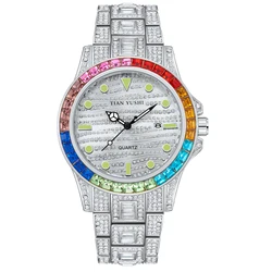 Männer vereist Bling Uhr Edelstahl Voll diamant Analog Quarz Wand leuchte Regenbogen Lünette Auto Datum wasserdichte Uhren