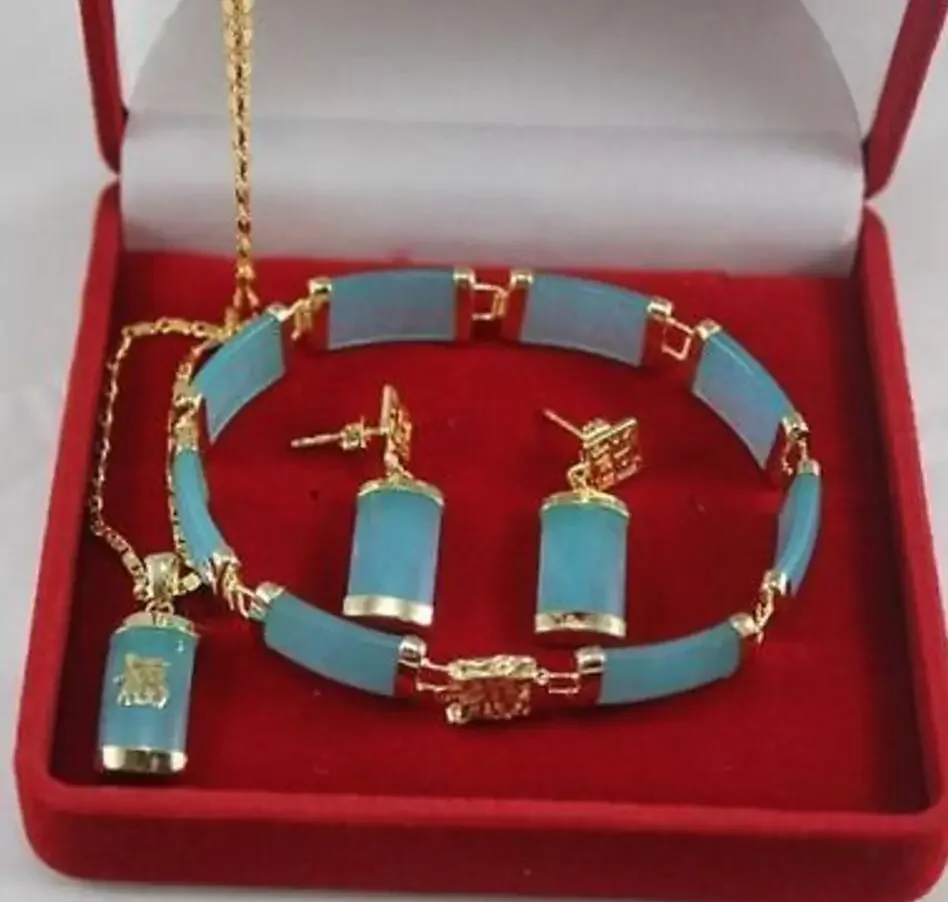 

Jewelry Blue jade pendant necklace bracelet earrings Set watch wholesale Quartz jade CZ crystal