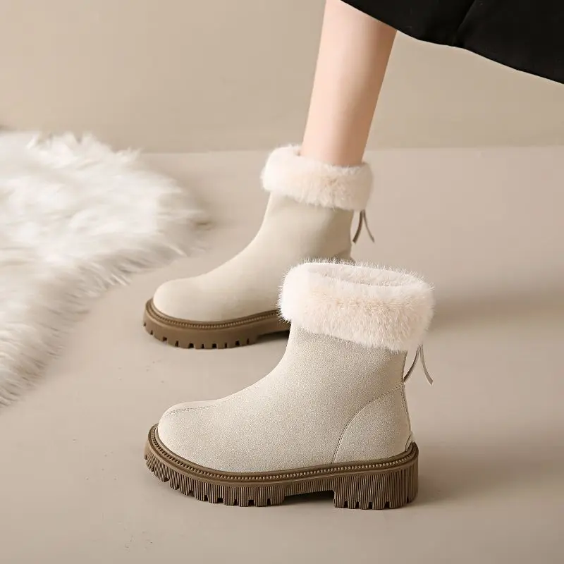 

Теплая женская обувь большого размера, зимние женские зимние ботинки на платформе с круглым носком, меховая обувь, удобная и элегантная ботильоны